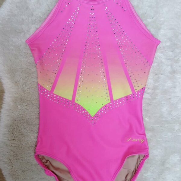 Justaucorps de gymnastique Darcy rose fluo strassé dos ouvert